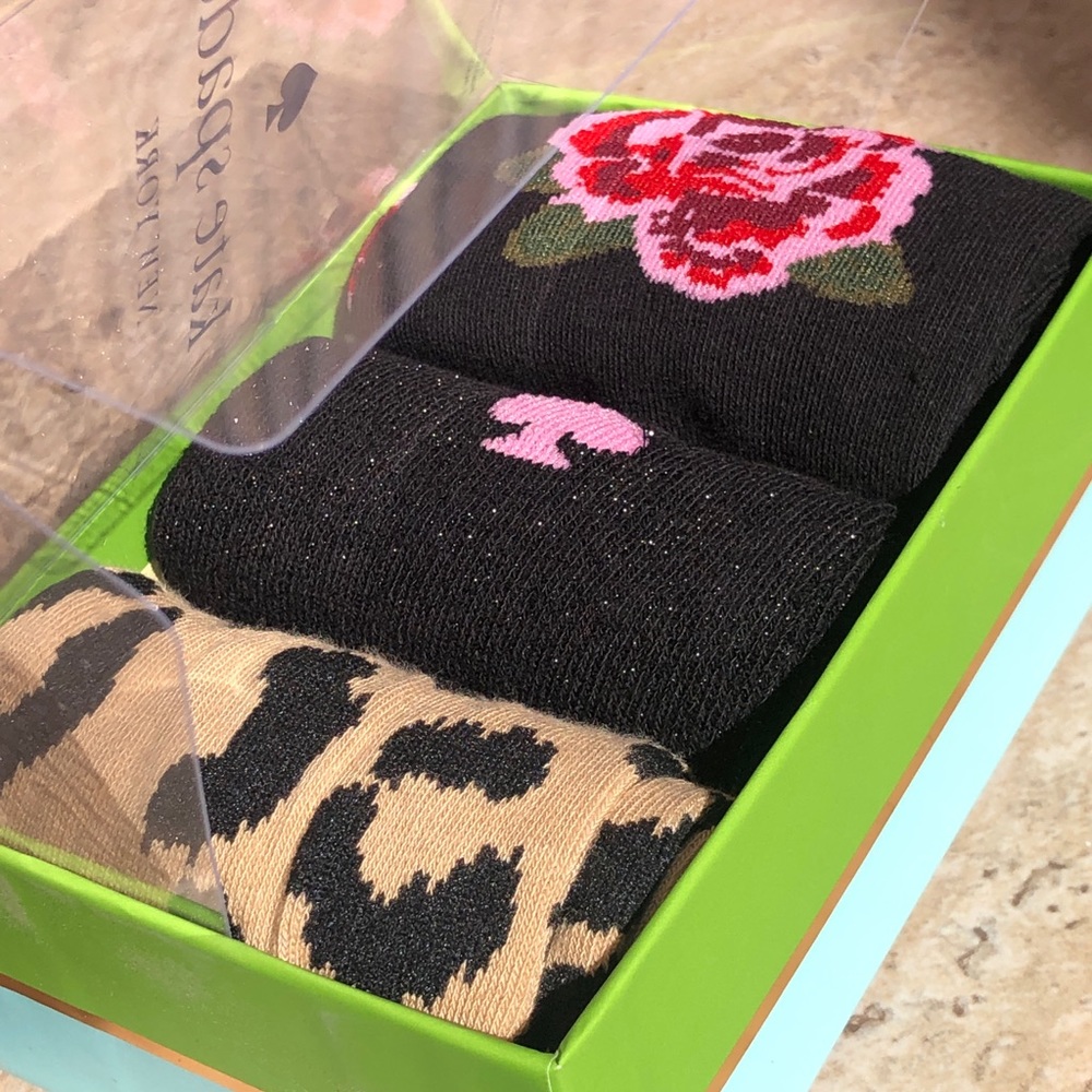 NEW KATE SPADE 3Pr Rose Leopard Crew Socks Box Set - Picture 2 of 9